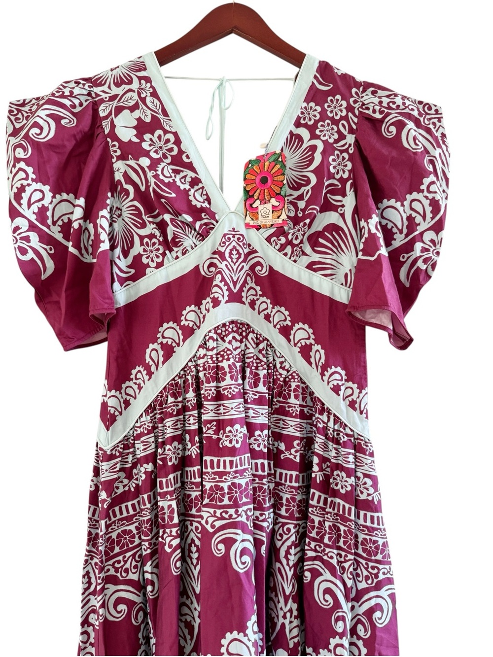 FARM RIO NWT Printed V Neck Puff Sleeve Maxi Dress Size Small in Purple Plum - Picture 3 of 14